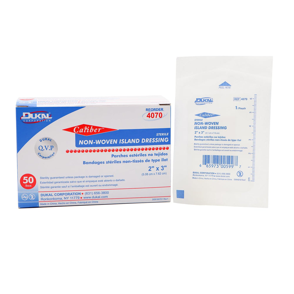 Dukal white nonwoven island dressing 2x3 in a box, sterile packaging for wound care