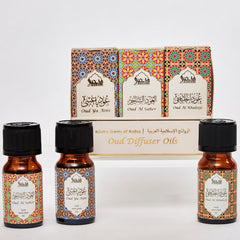 Dukhni Arabic Oud Diffuser Oil Set packaging with 3 x 10ml bottles for home fragrance.