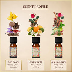 Dukhni Oud Al Khaleeji bottle close-up highlighting citrus and rose notes.