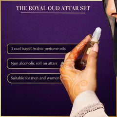 Dukhni Royal Oud Attar Set bottles shown as portable mini oils
