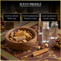 Dukhni Royal Oud Attar Set labels highlight natural ingredients and halal formula