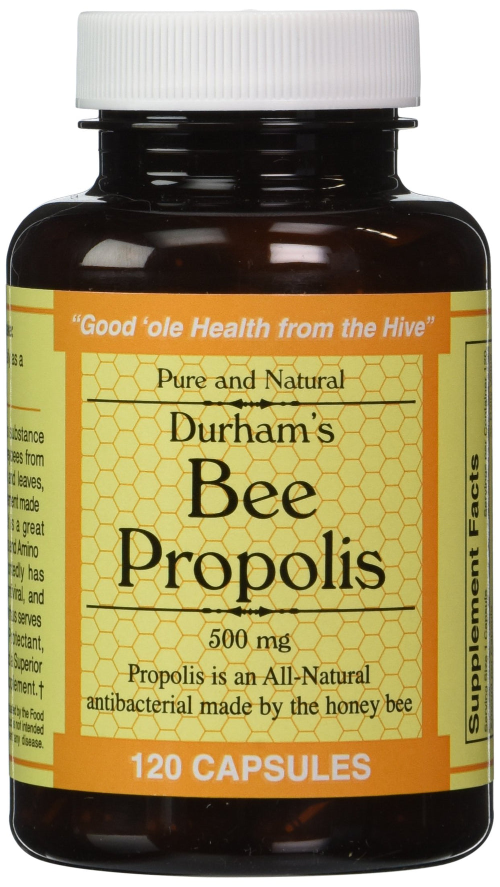 Durham's Bee Propolis 500mg bottle front view supports daily wellness.