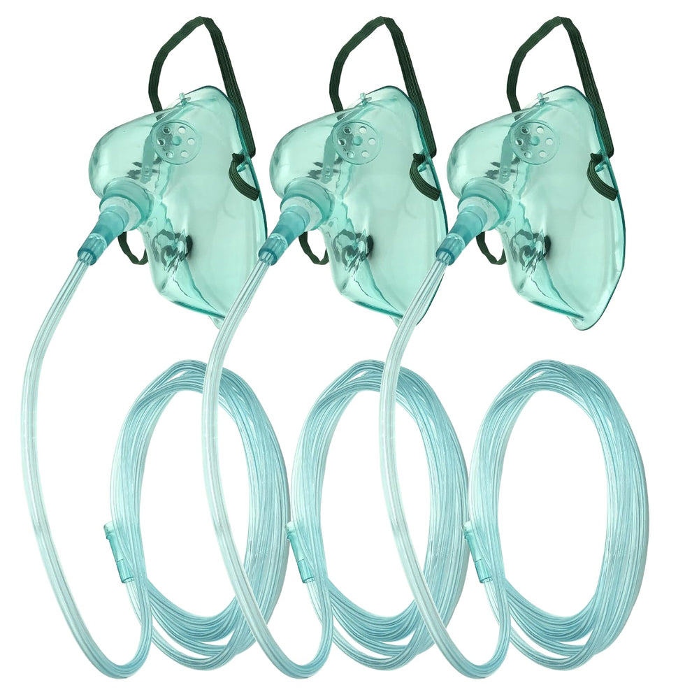 DWCHECK adult XL oxygen mask in green with soft PVC for comfortable wear.