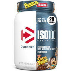 Dymatize ISO100 Cocoa Pebbles bottle highlights premium protein for fast absorption