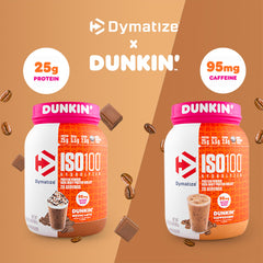 Dymatize ISO100 Dunkin Mocha Latte scoop emphasizes precise serving for quick shakes.