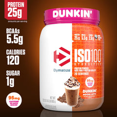Dymatize ISO100 Dunkin Mocha Latte shake in glass shows ready-to-drink energy.