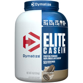 Dymatize Elite Casein Cookies Cream powder tub for steady overnight recovery.