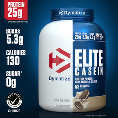 Dymatize Elite Casein scoop in glass showing slow-release protein option.