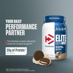 Dymatize Elite Whey scoop beside the tub for easy portioning
