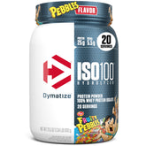 Dymatize ISO100 Fruity Pebbles tub front showing premium protein packaging
