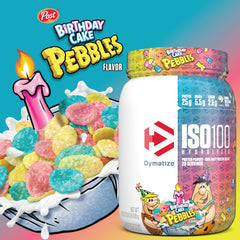 Dymatize ISO100 Birthday Cake shake shown in a glass, highlighting creamy texture.