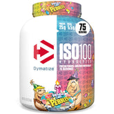 Dymatize ISO100 Birthday Cake tub showcases premium whey protein isolate packaging and label.