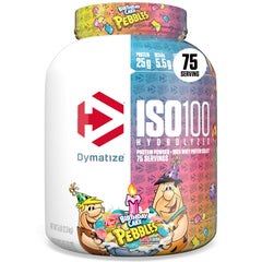 Dymatize ISO100 Birthday Cake tub showcases premium whey protein isolate packaging and label.