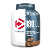 Dymatize ISO100 bottle with fudge brownie flavor for fast protein absorption.