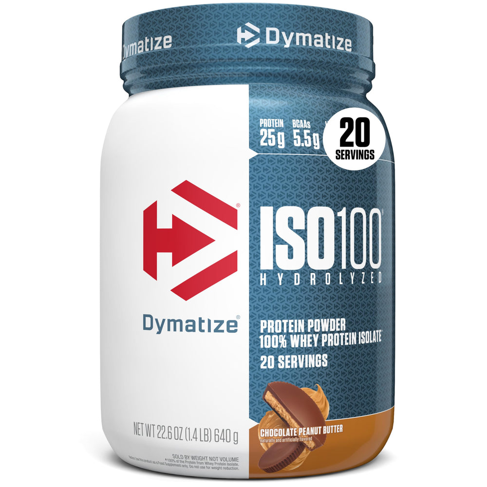 Dymatize ISO100 bottle with chocolate peanut butter flavor, ideal for post-workout recovery.