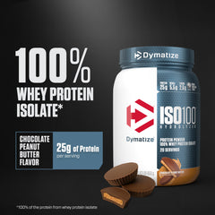 Scoop of Dymatize ISO100 powder ready to mix for 25 g protein.