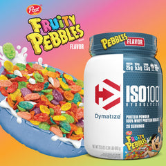 Dymatize ISO100 Fruity Pebbles powder scoop close-up shows fruity flavor and clean macros