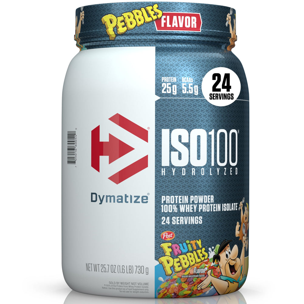Dymatize ISO100 Fruity Pebbles tub front view highlighting protein power for post-workout use