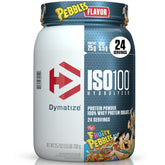 Dymatize ISO100 Fruity Pebbles tub front view highlighting protein power for post-workout use
