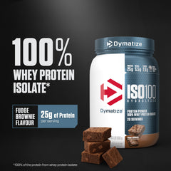 Dymatize ISO100 Fudge Brownie in a shaker for fast protein absorption.