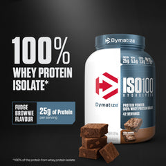Dymatize ISO100 protein scoop with powder showing precise 25 g serving.