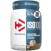 Dymatize ISO100 Cookies & Cream powder in a jar, high-protein formula for fast recovery.