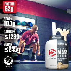 Dymatize Super Mass Gainer bottle back view showing nutrition details for protein and creatine.