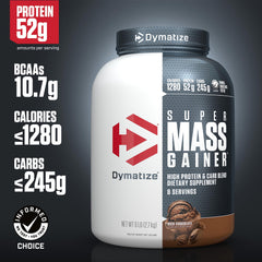 Dymatize Super Mass Gainer tub close-up showing texture and powder density