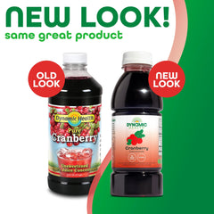 Dynamic Health Cranberry Juice Concentrate label highlights organic cranberries and no added sugar.