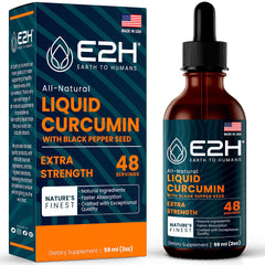 E2H Liquid Turmeric Curcumin bottle label highlights premium absorption benefits