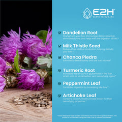 E2H Liver Cleanse label highlights organic, non-GMO herbal ingredients.