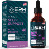 E2H Sleep Support liquid melatonin bottle promotes a restful night.