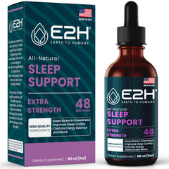 E2H Sleep Support liquid melatonin bottle promotes a restful night.