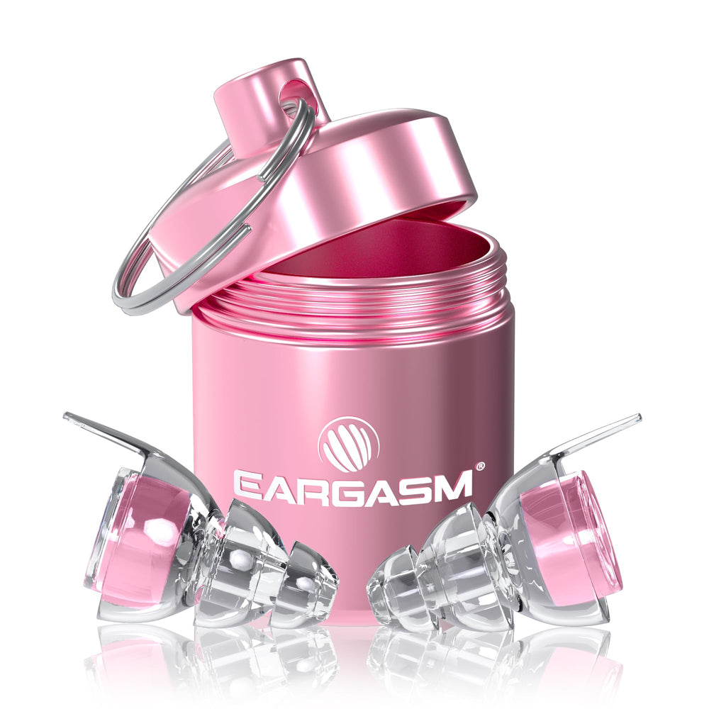 Eargasm high fidelity earplugs with pink filters for concerts and clear sound at lower volume.