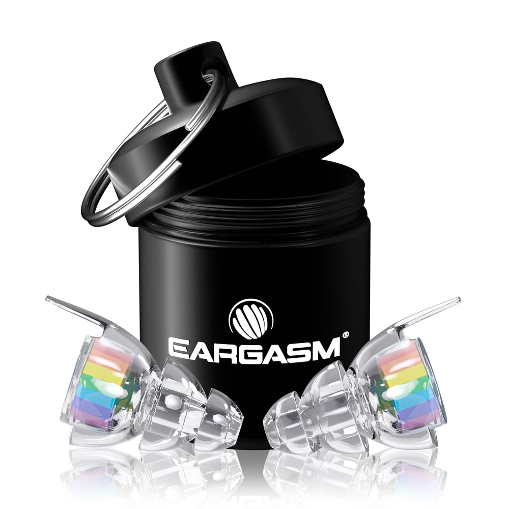 Eargasm high fidelity earplugs with rainbow filters for clear sound at live events