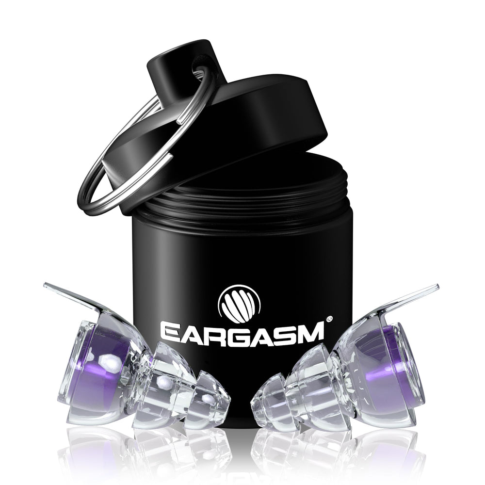 Eargasm High Fidelity Hyperviolet earplug close-up showing dual-sized shells for a comfortable fit
