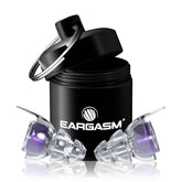 Eargasm High Fidelity Hyperviolet earplug close-up showing dual-sized shells for a comfortable fit