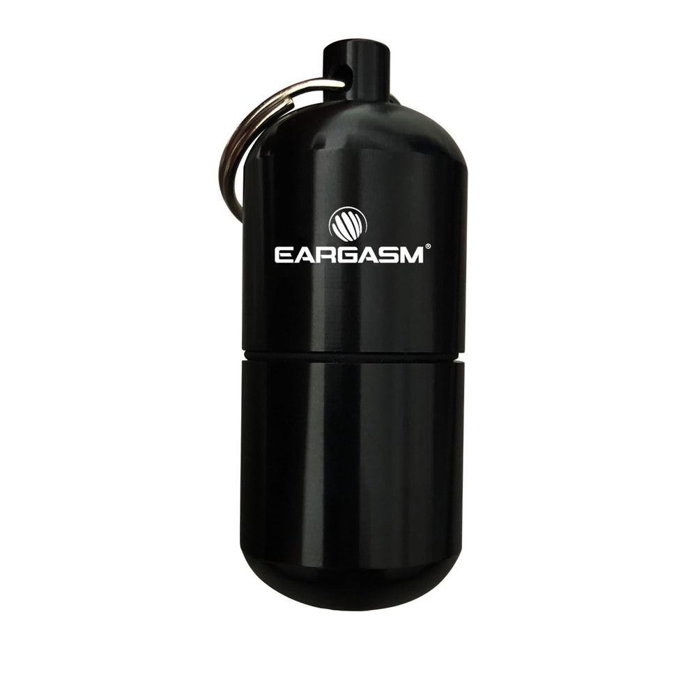 Eargasm keychain earplug travel case in black keeps earplugs dry and accessible on the go