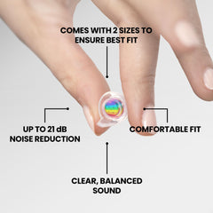 Eargasm Smaller Ears Earplugs with attenuation filters keep ambient sound balanced.