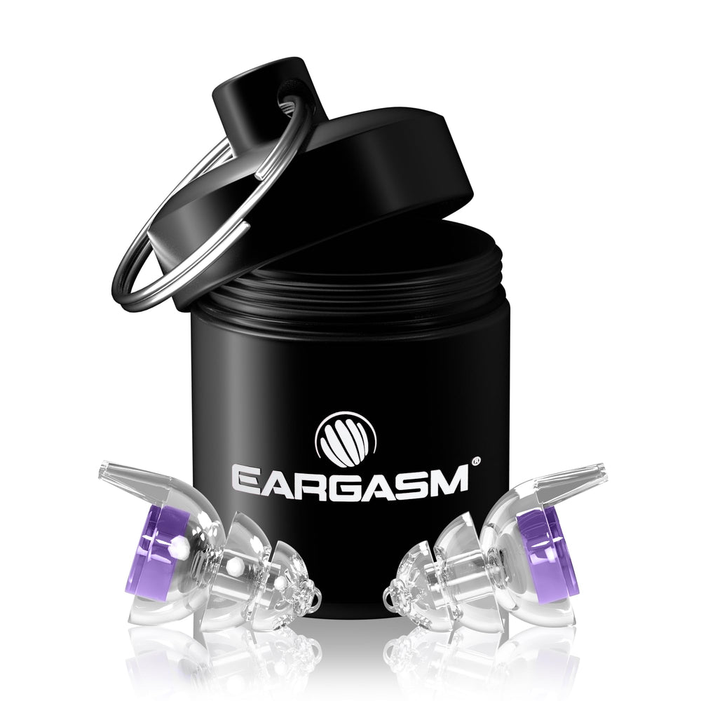Eargasm Smaller Ears Hyperviolet earplugs pack for portable hearing protection at events.