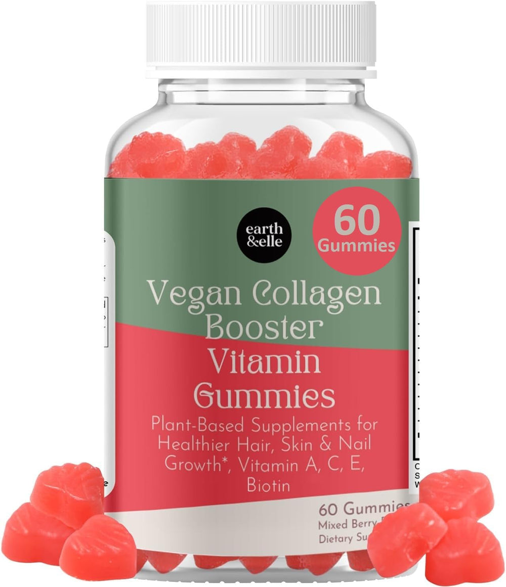 Earth & Elle vegan collagen booster gummies berry bottle showing berry flavor and daily use