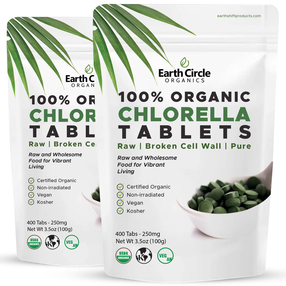 Earth Circle Organics chlorella bottle label shows organic certification and purity.