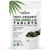 Earth Circle Organics chlorella tablets bottle front, signaling high potency and organic quality.