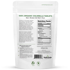 Earth Circle Organics chlorella tablets close-up showing green tablets for energy support.