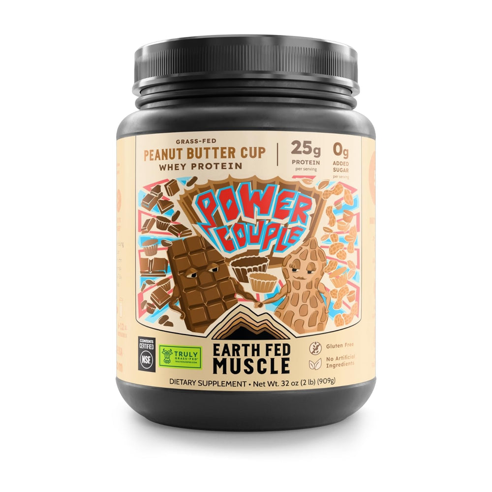 Earth Fed Muscle Power Couple powder with peanut butter chocolate flavor for post-workout recovery.