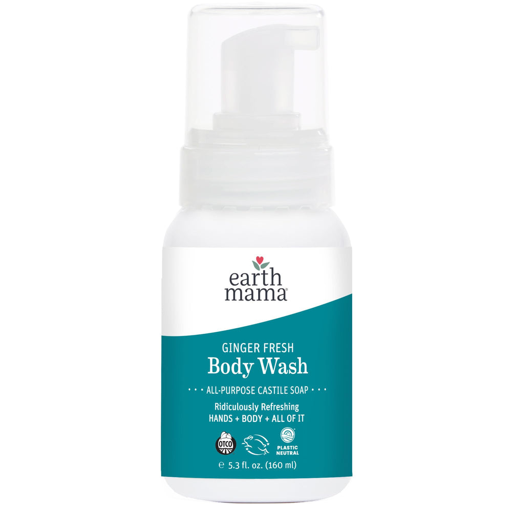 Earth Mama Ginger Fresh foaming hand soap bottle shows gentle cleansing for sensitive skin