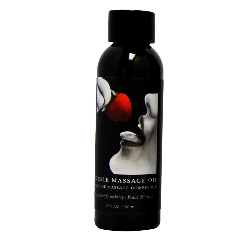 Earthly Body Edible Massage Oil strawberry bottle offers a silky glide and moisturizing feel.