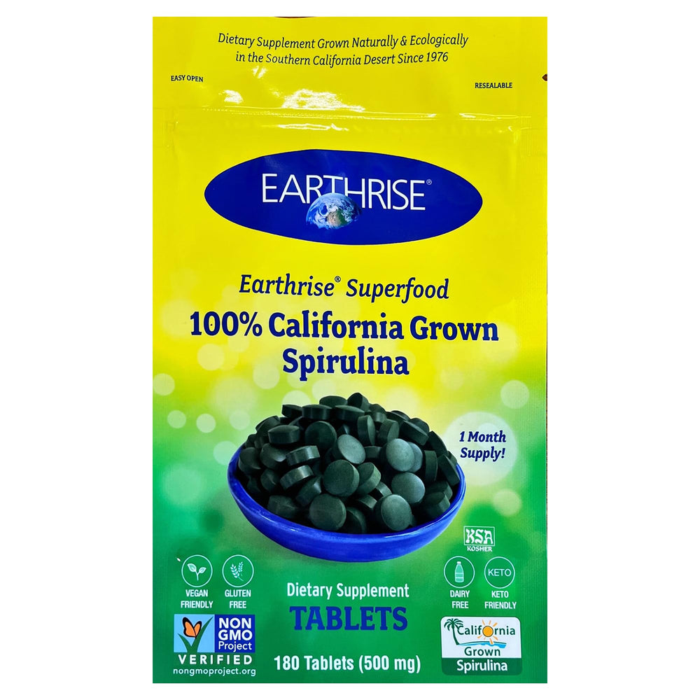 Earthrise spirulina tablets bottle front view showing 180-count vegan supplement for daily nutrition.