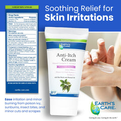 Hands applying Earth’s Care Anti Itch Cream on irritated skin for comfort.