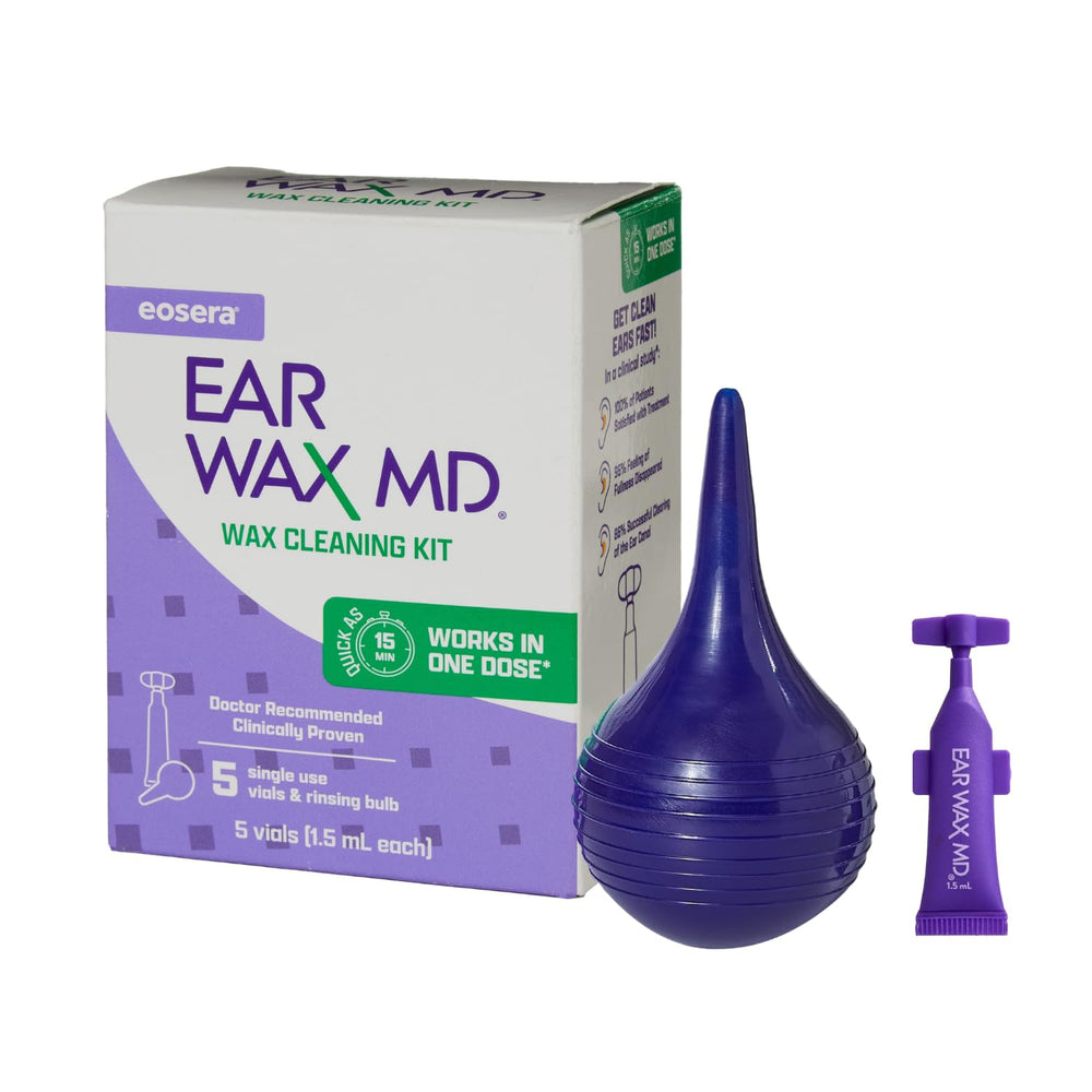 Ear Wax MD eosera drops in vial shown for fast-acting ear wax removal at home